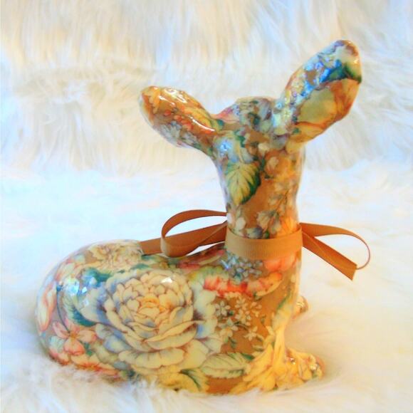 Decoupage Deer Figurine Floral Doe Fawn Lying Down Gold Cream Brown 7" Decor Vtg - Picture 3 of 6